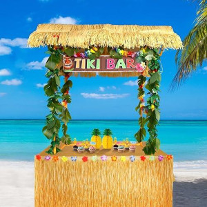 Auihiay 50Pcs Tiki Bar Hut Kit, Tiki Hut Decoration Includes Tiki Bar, Banner, Roof, Palm Leaves, Flower Garland And Table Skirt, Great Hawaiian Pool Beach Luau Party Decor Supplies