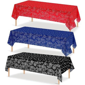 Western Party Tablecloth Paisley Table Cover Bandana Plastic Table Cloth Rectangle Floral Tablecloth For Western Cowboy Themed Party Decorations, 108 X 54 Inches (3, Red, Blue, Black)