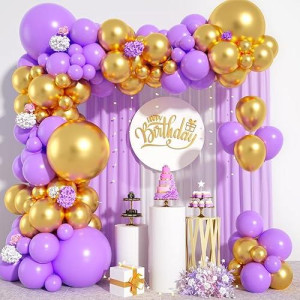 Purple Gold Balloon Garland Arch Kit, Metallic Gold And Latex Purple Balloons Different Sizes 18/12/10/5 Inch For Wedding Anniversary Birthday Graduation Bridal Shower Bachelorette Party Decorations