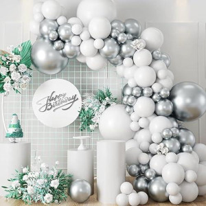 Silver And White Balloon Garland Kit, Metallic Silver White Balloon Arch Kit, Silver White Latex Balloons Different Sizes 18/12/10/5 Inch For Wedding Birthday Baby Shower Anniversary Party Decorations