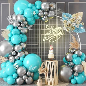 Teal Balloon Garland Kit, 100 Pcs Metallic Silver And Teal Blue Balloon Garland Kit, Turquoise Teal Blue Metallic Silver Balloons Different Sizes For Baby Shower Birthday Wedding Party Decorations