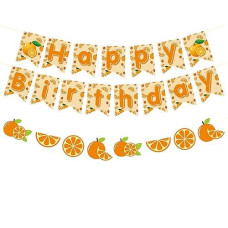 Zwiebeco Orange Happy Birthday Party Decorations Sign Banner Bunting Garland Hanging Paper Kit For Girl Women Kid Adult Summer Fruit Themed Accessories Supplies