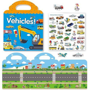 Reusable Sticker Books For Kids, Travel Removable Toddler Vehicle Sticker Books For 3 4 5 Year Old Girls Boys Birthday Gifts Educational Learning Toys For Age 3-5