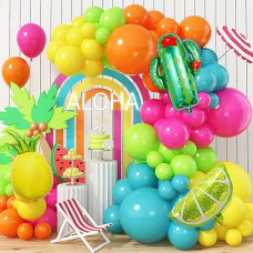 Summer Tropical Balloon Arch Garland Kit, Hot Pink Green Blue Yellow Orange Latex Rainbow Balloon Garland Kit With Hawaii Balloons For Hawaiian Luau Aloha Birthday Baby Shower Pool Party Decorations