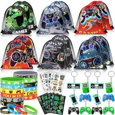 Winrayk 12 Sets Video Game Party Favors Gamer Birthday Supplies, Gaming Drawstring Bags Glow In The Dark Tattoos Stickers, Video Game Gifts Toys Game On Goodie Bag Stuffers Gamer Party Favors Supplies