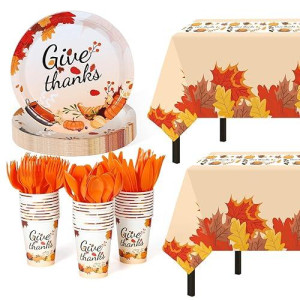 Thanksgiving Party Supplies, 152Pcs Give Thanks Themed Party Set,Thanksgiving Dinnerware Sets ,Thanksgiving Tablecloths Plates Cups,Thanksgiving Party Tableware For Fall Dinner Party Decorations