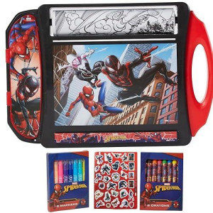 Marvel Spiderman Roller Art Desk Set For Girls And Boys, Travel Coloring Activity For Kids, With Crayons, Markers And Stickers