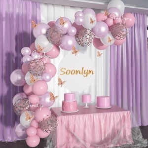 Soonlyn Butterfly Baby Shower Decorations 8Ft Balloon Garland Kit 90Pcs Metallic Lilac Pink Balloons Shiny Glitter Balloons 3D Dutterflies For Girl'S Birthday Baby Shower Decorations