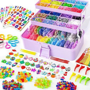 Inscraft 17500+ Rubber Loom Bands With 3 Layer Light Purple Container, 28 Colors, 600 S-Clips, 352 Beads, 40 Cartoon Pendant, Bracelet Making Refill Kit For Kids