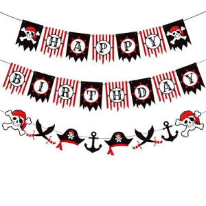 Zwiebeco Red Black White Pirate Happy Birthday Banner Bunting Garland Sign For Boys Girls Kids Teenagers Mens Womens Adults Sea Rover Themed Party Decorations Supplies