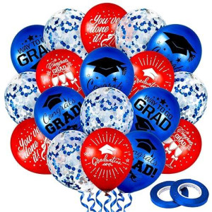 Whaline 60Pcs Graduation Party Balloon Set 7 Designs Confetti Latex Balloon With 2 Rolls Ribbon Grad Cap Congrats Grad Balloon For Graduation Party Decoration Supplies (Blue, Red)