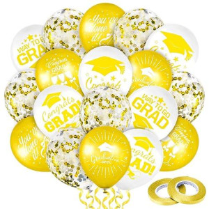 Whaline 60Pcs Graduation Party Balloon Set 7 Designs Confetti Latex Balloon With 2 Rolls Ribbon Grad Cap Congrats Grad Balloon For Graduation Party Decoration Supplies (Yellow, White)