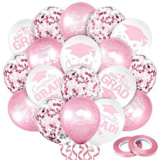 Whaline 60Pcs Graduation Party Balloon Set 7 Designs Confetti Latex Balloon With 2 Rolls Ribbon Grad Cap Congrats Grad Balloon For Graduation Party Decoration Supplies (Pink, White)