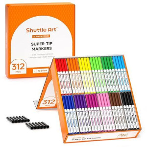 Shuttle Art 312 Pack Washable Super Tips Markers, 12 Assorted Colors Conical Tip Large Markers Bulk With A Box, Bonus Caps, Home Classroom School Supplies For Toddlers Kids Adults Students Teachers