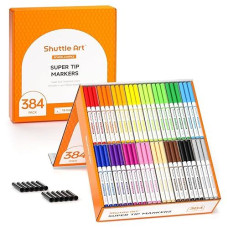 Shuttle Art 384 Pack Washable Super Tips Markers, 16 Assorted Colors Conical Tip Large Markers Bulk With A Box, Bonus Caps, Home Classroom School Supplies For Toddlers Kids Adults Students Teachers