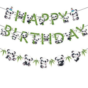 Zwiebeco Pandas Happy Birthday Party Decoration Green Black White Bamboo Leaves Sign Banner Hanging Paper Garland Bunting For Babys Kids Themed Accessories Supplies