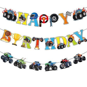 Zwiebeco Trucks Off-Road Vehicles Happy Birthday Party Decoration Banner Hanging Paper Sign For Kids Adults Racing Themed Accessories Supplies