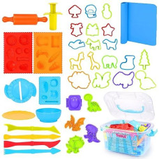 Dough Tool Sets For Kids Toddlers,Cute Dough Accessories With Mat Box,Fun Party Pack Dough Toys For Kids Age 3-5 4-8,Stocking Stuffers Christmas Birthday Gifts For 3 4 5 6 7 8 Year Old Boy Girl