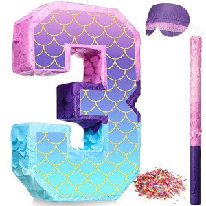 Shappy 16 Inch Mermaid Piñata Purple Number Birthday Piñata Birthday Party With Stick Blindfold Confetti For Birthday Anniversary Celebration Decoration Supplies(Number 3)