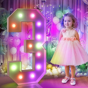 Ybqz 4Ft Marquee Light Up Numbers, Colorful Marquee Numbers With Remote For 3Rd 13Th 30Th Birthday Decoration,Big Light Up Number 3 For Anniversary Party Decor,Pre-Cut Frame Mosaic Number For Balloons