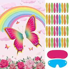 Hxezoc Pin The Tail On The Butterfly With 36 Pcs Tails Large Pink Butterfly Party Games Poster For Kids Butterfly Birthday Party Carnival Party Supplies