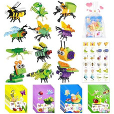 Ytkih 24 Packet, Bulk Valentines Day Gifts For Kids Classroom, Include Insect Building Blocks, Cards, Stickers, Goodie Bag, Valentines Party Favors Class Exchange For Boys Girls