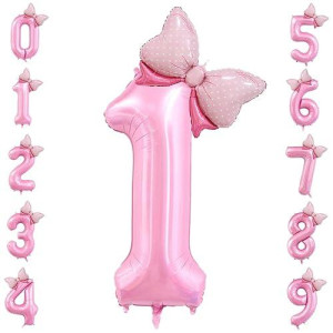 40 Inch Number 1 Balloon With Bow Pink Happy Birthday Jumbo Number Balloon For Girls Daughter Birthday Decorations Party Supplies (Number 1)