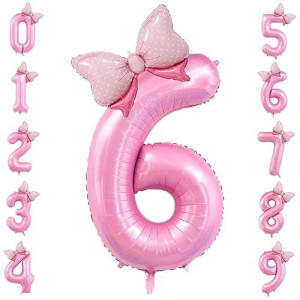 40 Inch Number 6 Balloon With Bow Pink Happy Birthday Jumbo Number Balloon For Girls Daughter Birthday Decorations Party Supplies (Number 6)