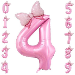 40 Inch Number 4 Balloon With Bow Pink Happy Birthday Jumbo Number Balloon For Girls Daughter Birthday Decorations Party Supplies (Number 4)