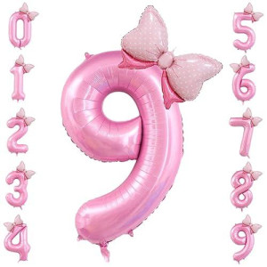 40 Inch Number 9 Balloon With Bow Pink Happy Birthday Jumbo Number Balloon For Girls Daughter Birthday Decorations Party Supplies (Number 9)