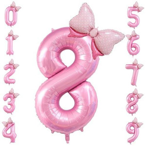 40 Inch Number 8 Balloon With Bow Pink Happy Birthday Jumbo Number Balloon For Girls Daughter Birthday Decorations Party Supplies (Number 8)