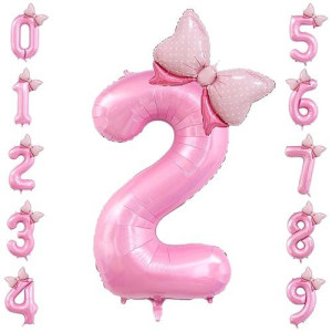 40 Inch Number 2 Balloon With Bow Pink Happy Birthday Jumbo Number Balloon For Girls Daughter Birthday Decorations Party Supplies (Number 2)