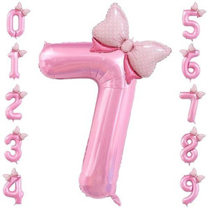 40 Inch Number 7 Balloon With Bow Pink Happy Birthday Jumbo Number Balloon For Girls Daughter Birthday Decorations Party Supplies (Number 7)