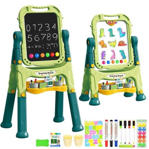 Ylovetoys Kids Art Easel, Adjustable Drawing White Board & Chalk Board, Toddler Standing Easel With Painting Accessories, Gift For Girls Boy (Green)