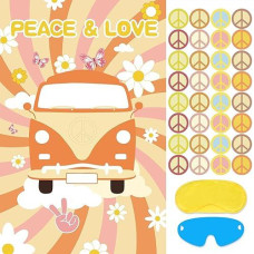 Pin The Peace Sign On The Hippie Van With 32 Pcs Sign Stickers Large Groovy Hippie Party Games Poster For Kids Groovy Birthday Party Carnival Party Supplies