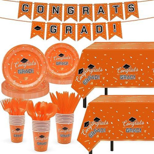 Graduation Party Decorations 2025,147 Pcs Orange Party Class Of 2025 Decor,Congrats Grad Banner Graduation Plates Cups Tablecloth,Graduation Party Supplies For Home,School,College,Serve 24