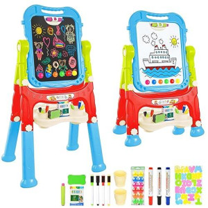 Ylovetoys Kids Art Easel, Adjustable Drawing White Board & Chalk Board, Toddler Standing Easel With Painting Accessories, Gift For Girls Boy (Blue)