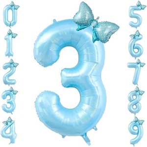 40 Inch Number 3 Balloon With Bow Blue Happy Birthday Jumbo Number Balloon For Boys Girls Birthday Decorations Party Supplies (Blue Number 3)