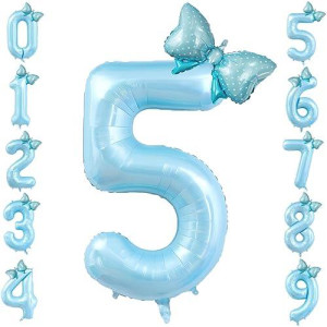 40 Inch Number 5 Balloon With Bow Blue Happy Birthday Jumbo Number Balloon For Boys Girls Birthday Decorations Party Supplies (Blue Number 5)