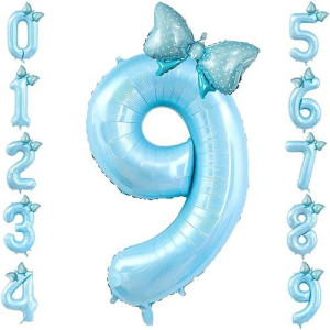 40 Inch Number 9 Balloon With Bow Blue Happy Birthday Jumbo Number Balloon For Boys Girls Birthday Decorations Party Supplies (Blue Number 9)