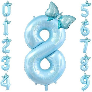 40 Inch Number 8 Balloon With Bow Blue Happy Birthday Jumbo Number Balloon For Boys Girls Birthday Decorations Party Supplies (Blue Number 8)