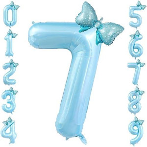 40 Inch Number 7 Balloon With Bow Blue Happy Birthday Jumbo Number Balloon For Boys Girls Birthday Decorations Party Supplies (Blue Number 7)