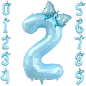 40 Inch Number 2 Balloon With Bow Blue Happy Birthday Jumbo Number Balloon For Boys Girls Birthday Decorations Party Supplies (Blue Number 2)