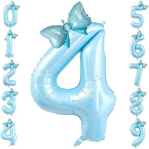 40 Inch Number 4 Balloon With Bow Blue Happy Birthday Jumbo Number Balloon For Boys Girls Birthday Decorations Party Supplies (Blue Number 4)