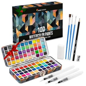 Zenacolor Watercolor Paint Set With 100 Colors - Water Color Pallet Adult & Kids With 3 Brush Pens - Vibrant, Neon, Pastel & Metallic Watercolor Paint