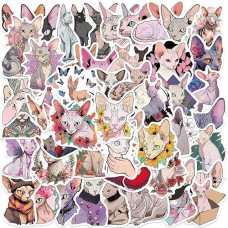 Yoksas Cute Sphynx Cat Stickers - 50Pcs Vinyl Waterproof Hairless Kitty Animal Stickers For Laptops,Water Bottles,Scrapbook