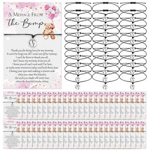 Thyle 50 Set Baby Shower Favors For Guests Adjustable Bracelets With Message From The Bump Card Footprints Charm Baby Shower Bracelets For Gender Reveal Thank You Gifts (Pink Bear)