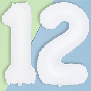 White 12Th Birthday Balloons For Boys, 40 Inch Mylar Self Inflating 12 Balloon Number, Big Foil 1 And 2 Helium Balloons For Women Girls 21St Birthday Party Decorations Anniversary Decor Supplies