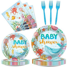 Gisgfim 96Pcs Under The Sea Baby Shower Party Supplies Paper Plates Napkins Ocean Theme Party Tableware Set Ocean Animal Underwater Sea Life Decorations Favors For Baby Shower Serves 24