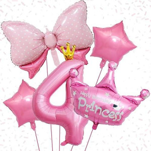 Pink 4Th Birthday Decorations, Pink 4Th Birthday Balloon Set With 40 Inch Pink Number 4, Large Helium Foil Mylar Princess Crown Balloon, Pink Bow Foil Balloons For Girls Birthday Party Decoration